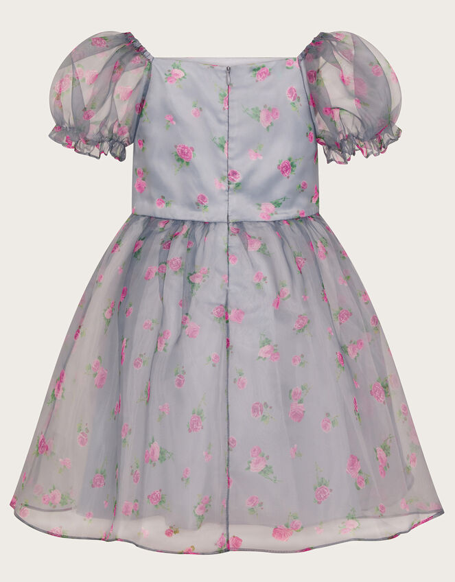 Puff Sleeve Floral Organza Dress, Blue (BLUE), large