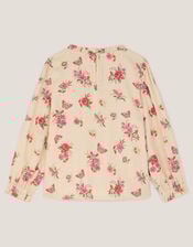 Butterfly Floral Smocked Blouse, Ivory (IVORY), large
