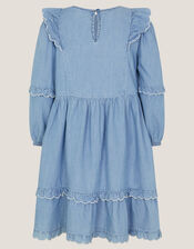 Embroidered Chambray Frill Dress, Blue (BLUE), large