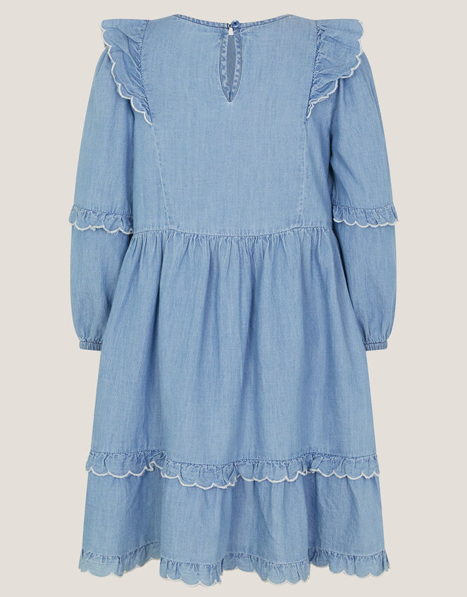 Embroidered Chambray Frill Dress, Blue (BLUE), large