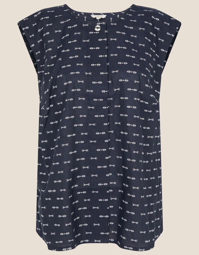 Printed Sleeveless Top, Blue (NAVY), large