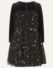 Long Sleeve Star Trapeze Tier Dress, Black (BLACK), large