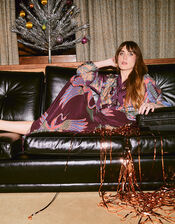 One Hundred Stars Crane Print Midi Skirt, Purple (PLUM), large