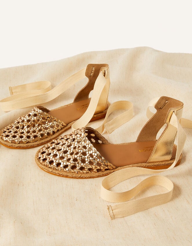Tie-Up Leather Woven Espadrille Wedges, Gold (GOLD), large