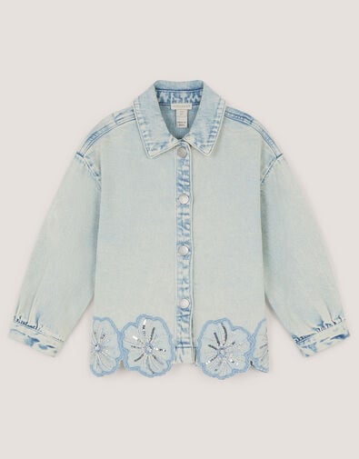 Flower Sequin Denim Jacket, Blue (BLUE), large