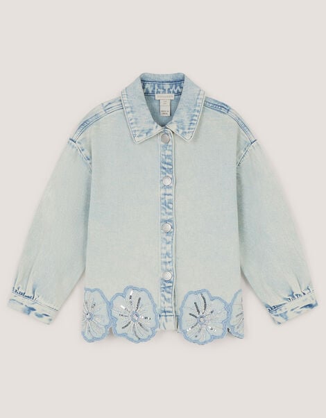 Flower Sequin Denim Jacket, Blue (BLUE), large