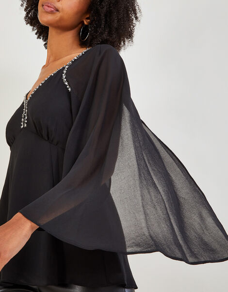 Mindy Embellished Cape Sleeve Top in Recycled Polyester Black, Black (BLACK), large