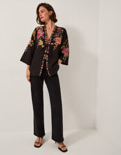 Maggie Tie-Front Embroidered Kimono, Black (BLACK), large