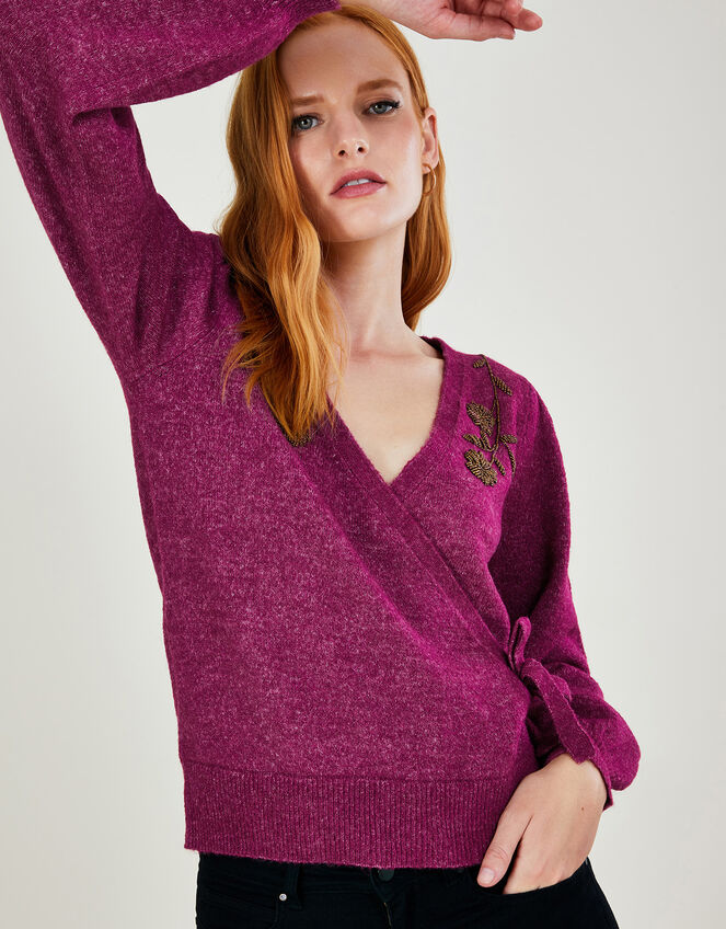 Beaded Flower Wrap Jumper with Recycled Polyester, Red (BERRY), large