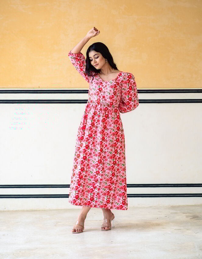 India & Mills Lottie Poppy Print Midi Dress, Pink (PINK), large