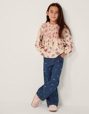 Butterfly Floral Smocked Blouse, Ivory (IVORY), large
