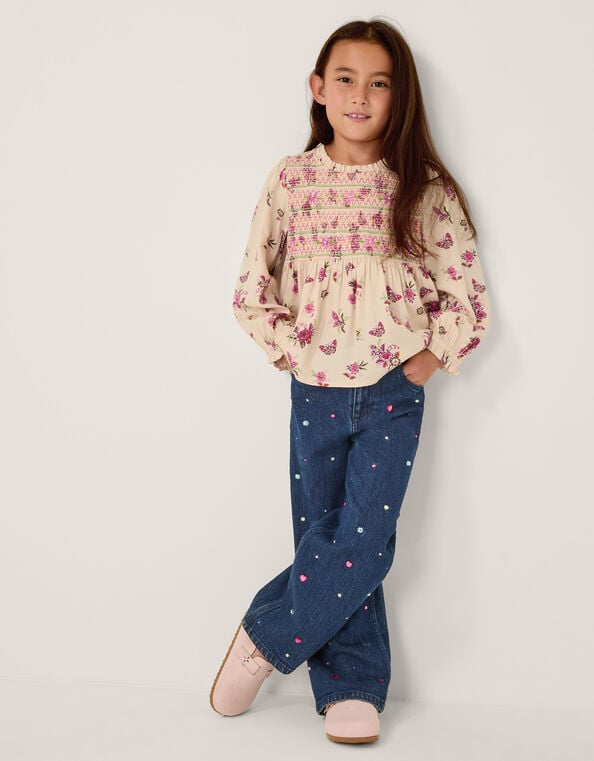 Butterfly Floral Smocked Blouse, Ivory (IVORY), large