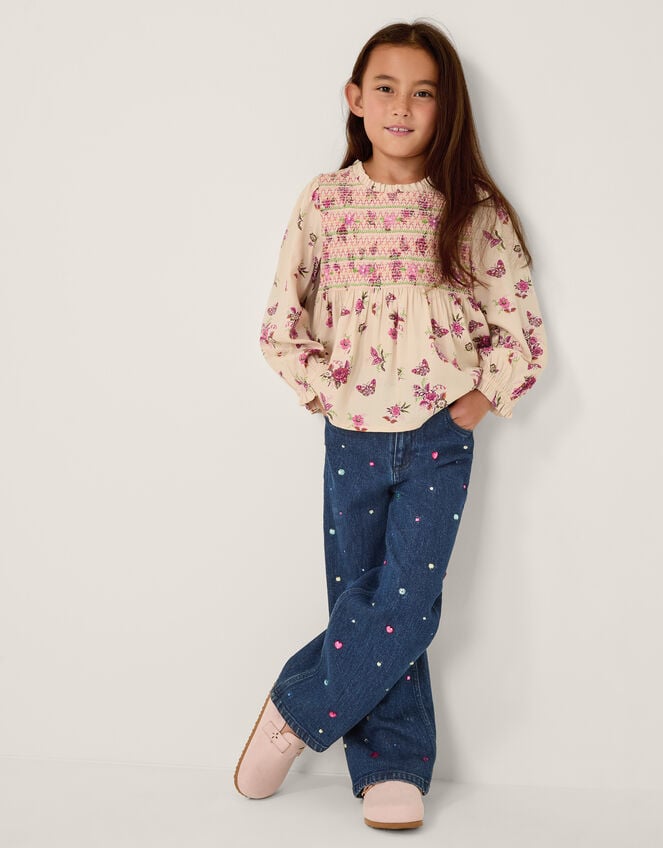 Butterfly Floral Smocked Blouse, Ivory (IVORY), large