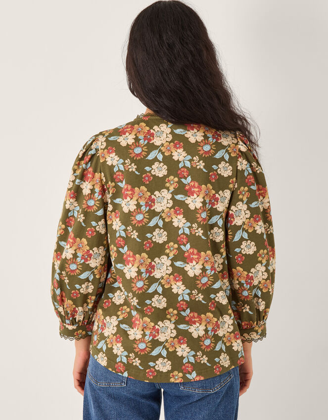Olive Floral Print Jersey Shirt, Green (KHAKI), large