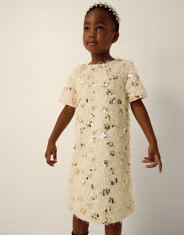 Frankie Short Sleeve Sequin Fringe Party Dress, White (WARM IVORY), large
