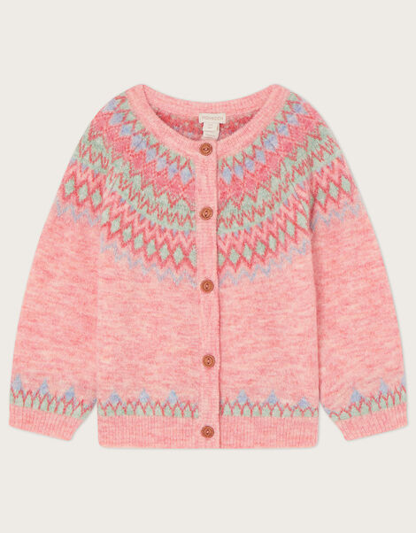 Fair Isle Knit Cardigan in Recycled Polyester Pink, Pink (PINK), large