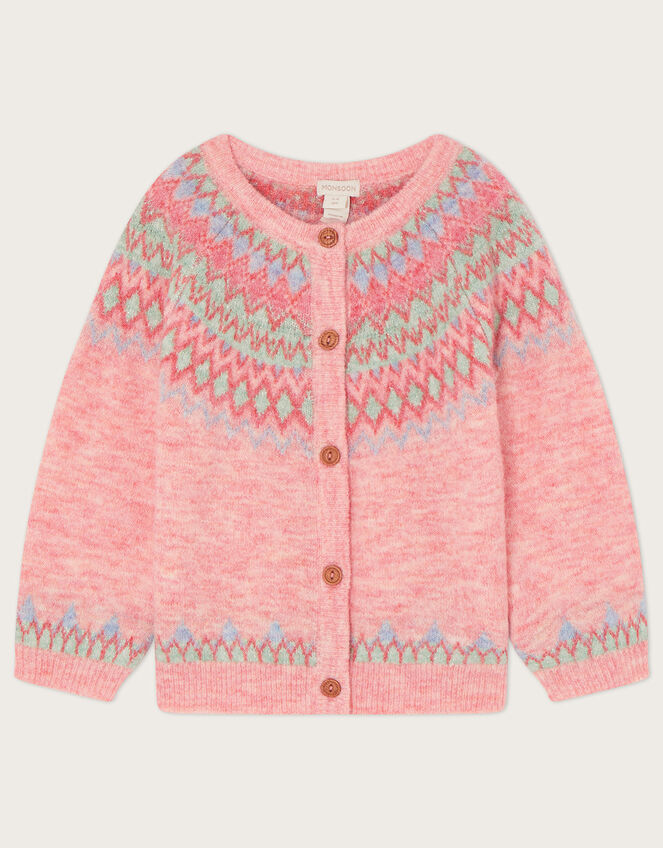 Fair Isle Knit Cardigan in Recycled Polyester, Pink (PINK), large