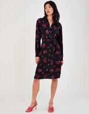 Benji Floral Print Shirt Dress in Sustainable Viscose, Black (BLACK), large