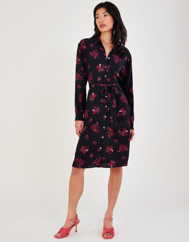 Benji Floral Print Shirt Dress in Sustainable Viscose, Black (BLACK), large