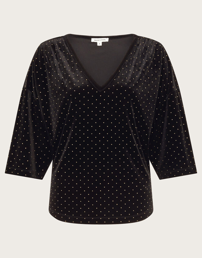 Nala Spot Velvet V-Neck Top, Black (BLACK), large