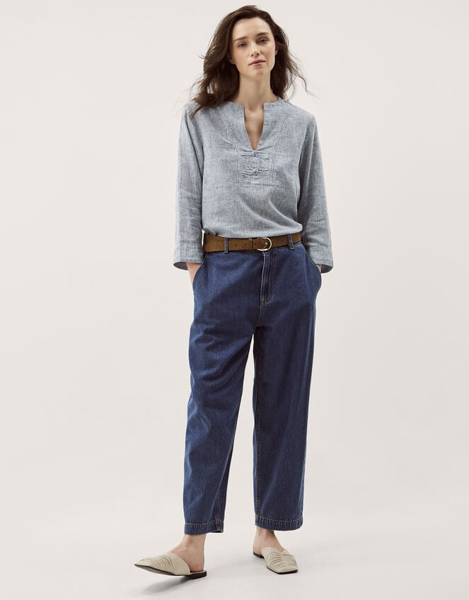 Alexis Stripe Linen-Blend Top, Blue (NAVY), large