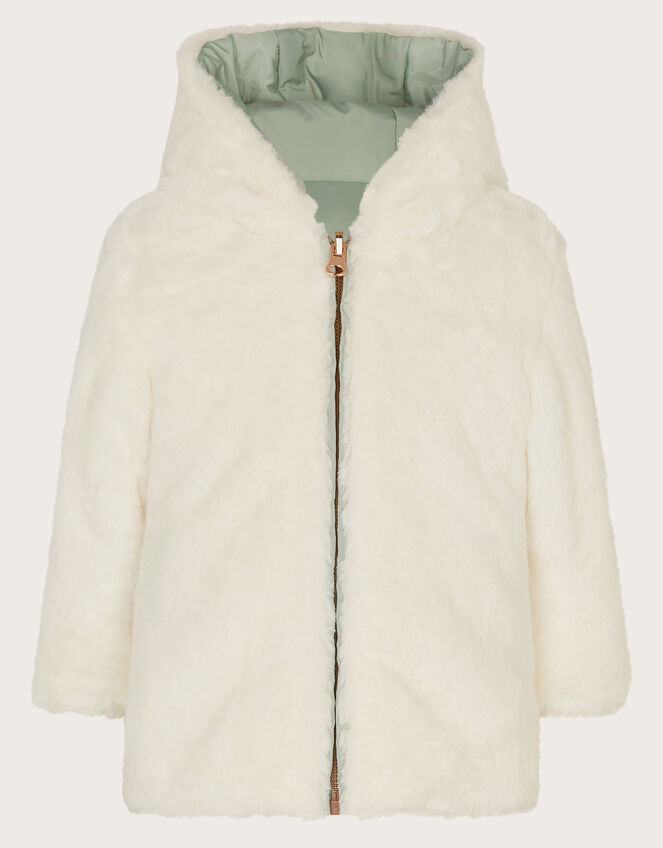 Baby Reversible Faux Fur Coat, Green (SAGE), large