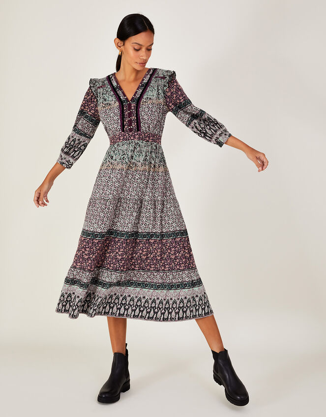 Velvet Trim Patch Jersey Dress in Sustainable Cotton, Green (GREEN), large