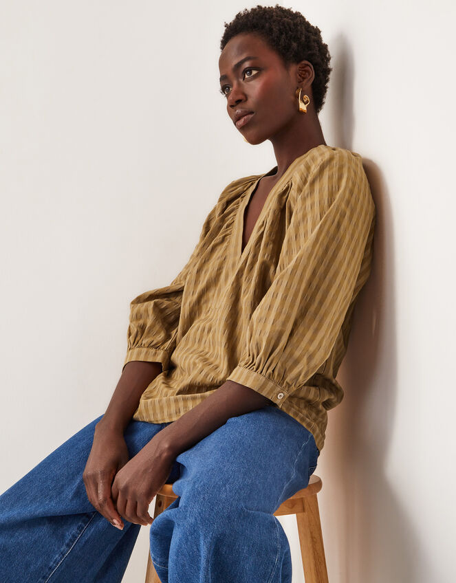 Suzi 3/4 Sleeve Check Top, TOFFEE, large