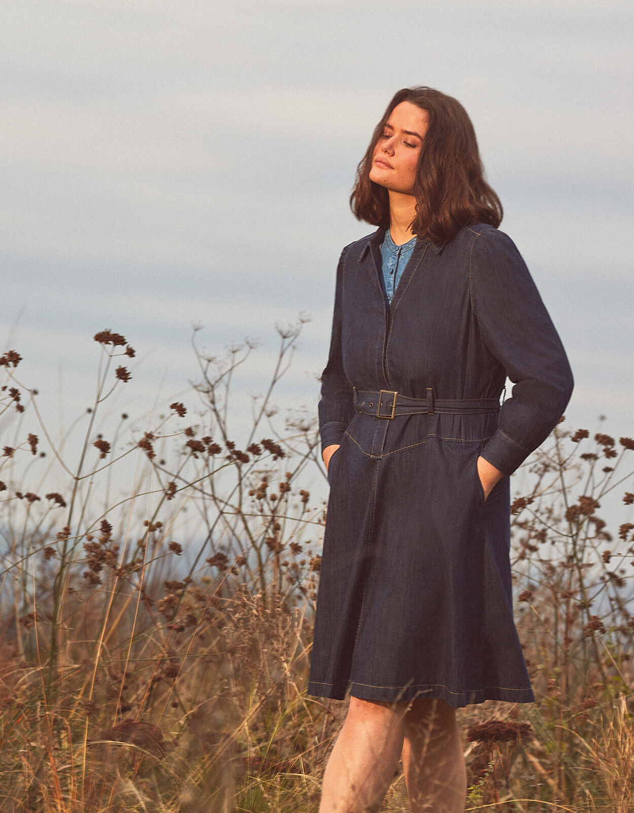 Denim Collared Midi Dress Blue | Casual 