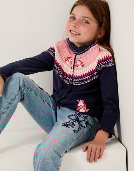Unicorn Fair Isle Cardigan, Blue (NAVY), large