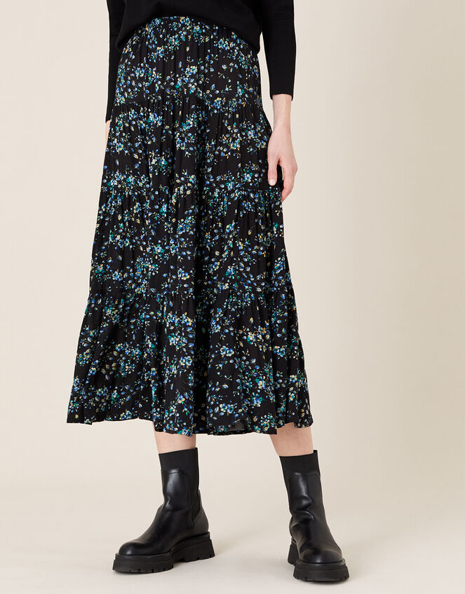 Floral Tiered Midi Skirt in LENZING™ ECOVERO™, Black (BLACK), large