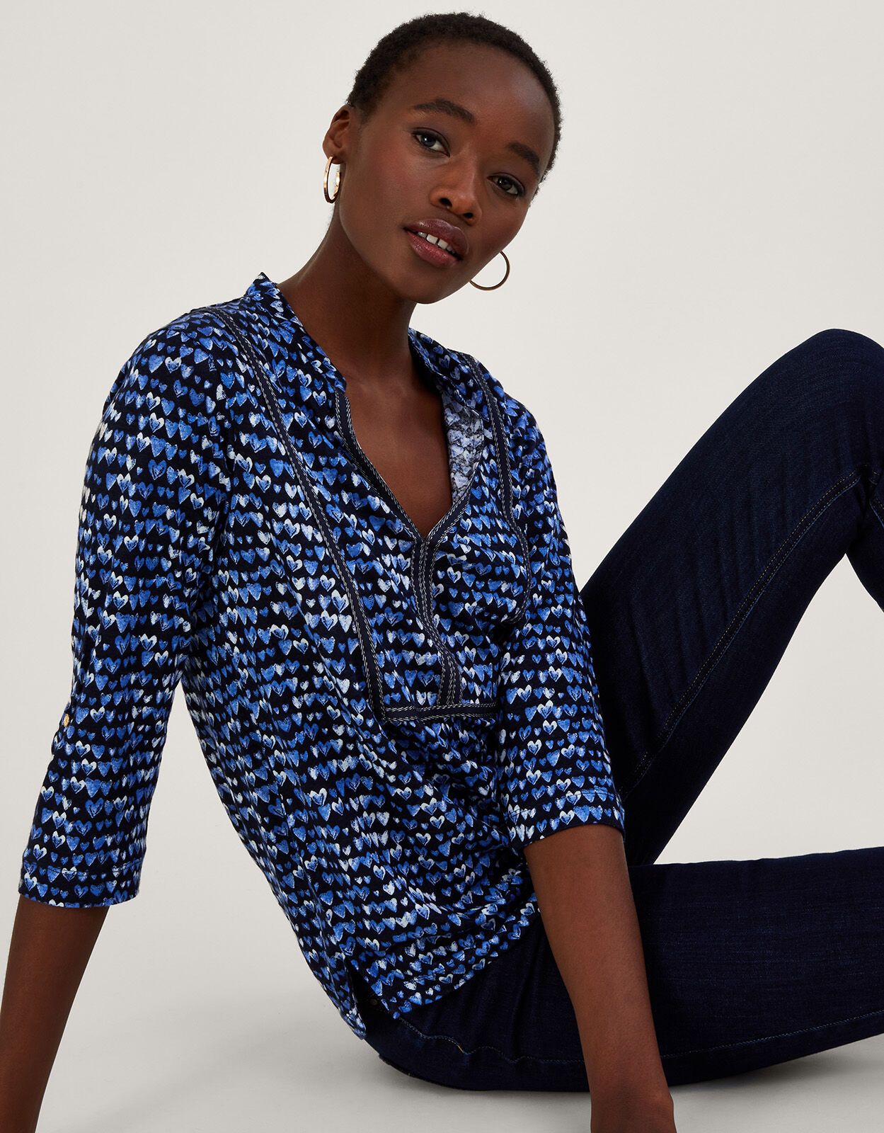 Heart Print Linen Top Blue Blouses Shirts Monsoon Global