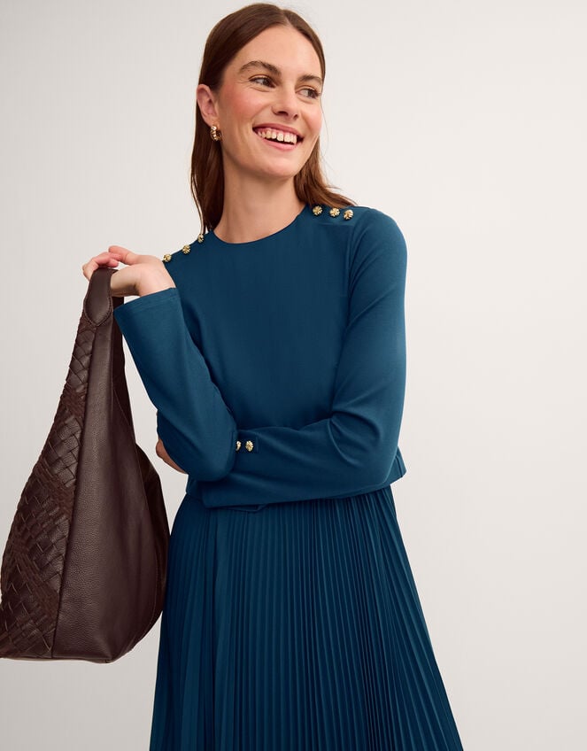 Penny Long Sleeve Pleated Midi Dress, Teal (TEAL), large