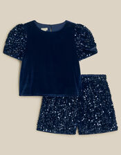 Iona Sequin Velvet T-Shirt & Shorts Set, Blue (NAVY), large