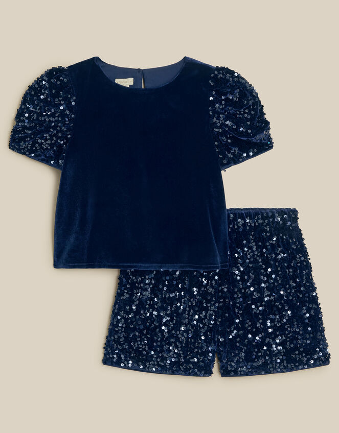 Iona Sequin Velvet T-Shirt & Shorts Set, Blue (NAVY), large