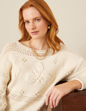 Stitch and Bobble Detailed Jumper in Recycled Cotton, Ivory (IVORY), large