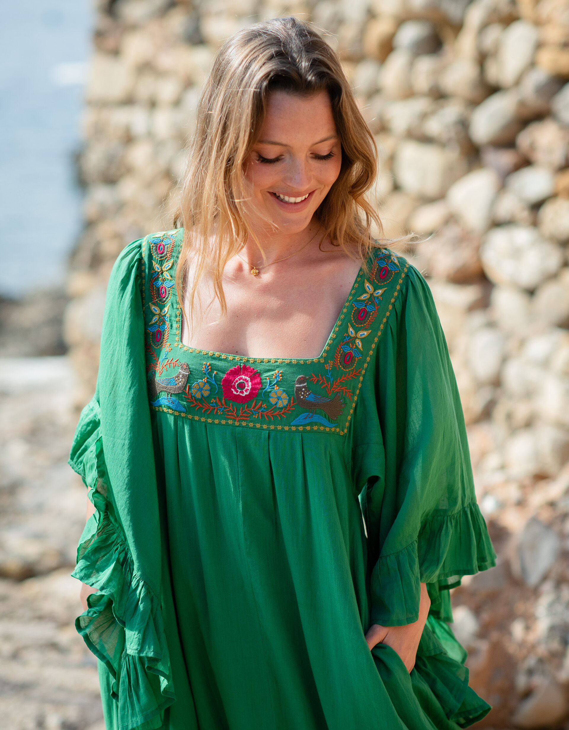 La Galeria Elefante Silver Embroidered Square Neck Maxi Dress Green