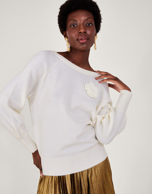 Casey Corsage Sweater, Ivory (IVORY), large