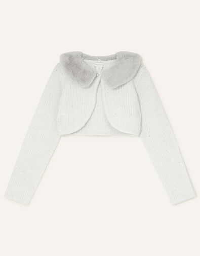 Sequin Faux Fur Collar Cardigan Grey, Grey (GREY), large