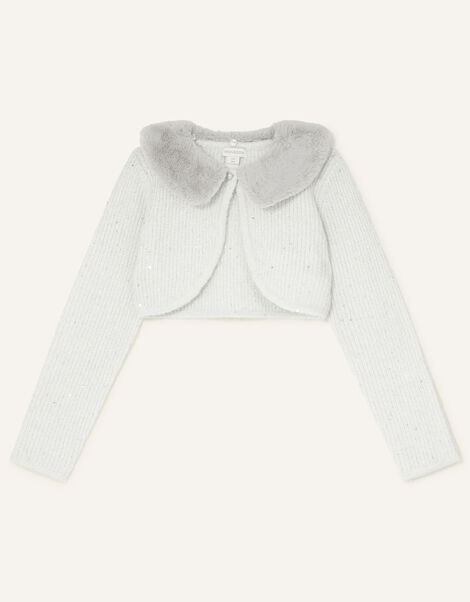Sequin Faux Fur Collar Cardigan Grey, Grey (GREY), large