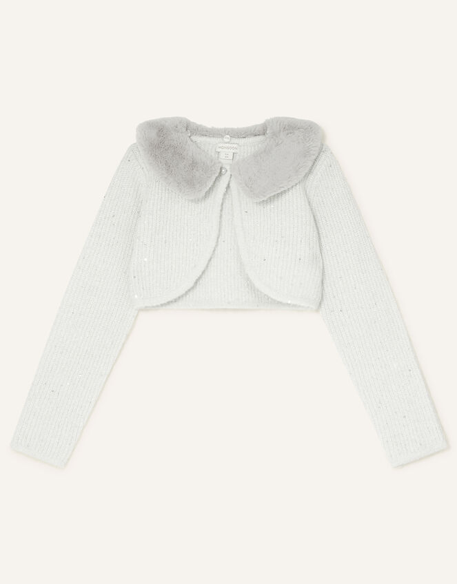 Sequin Faux Fur Collar Cardigan, Grey (GREY), large
