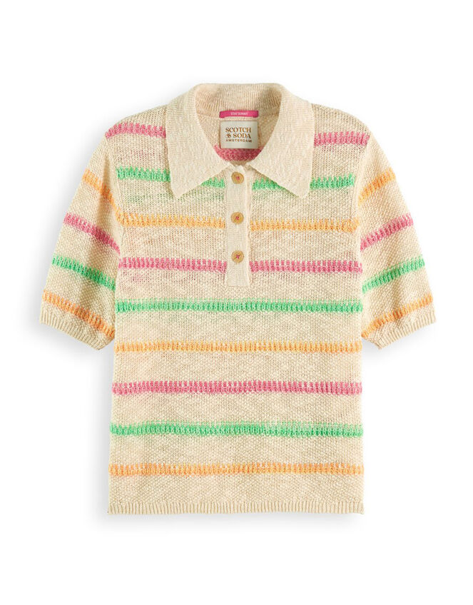 Scotch and Soda Stripe Collared Short Sleeve Pullover, Natural (NATURAL), large