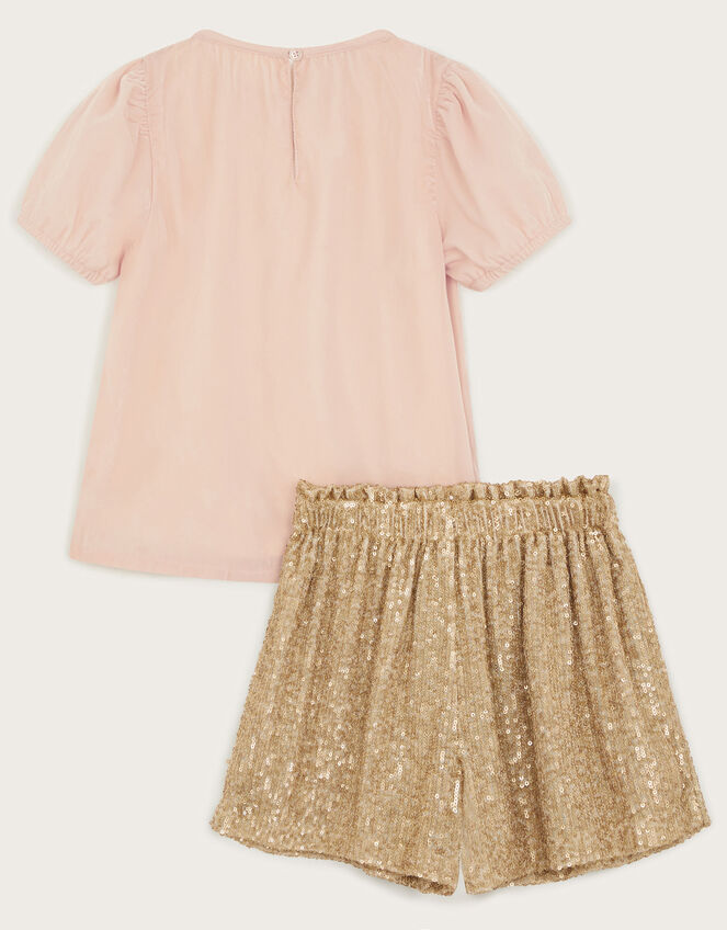 Bow Velvet T-Shirt and Sequin Shorts Set, Gold (GOLD), large