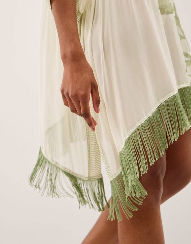 Lillie Leaf Print Fringe Mini Kaftan, , large