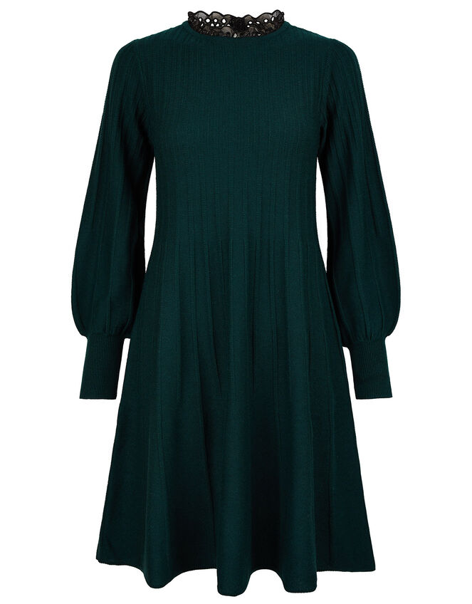 Woven Neckline Knit Dress, Green (DARK GREEN), large