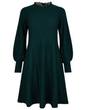 Woven Neckline Knit Dress, Green (DARK GREEN), large