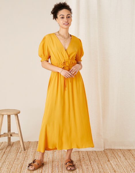 Ruched Midi Dress Yellow, Yellow (OCHRE), large