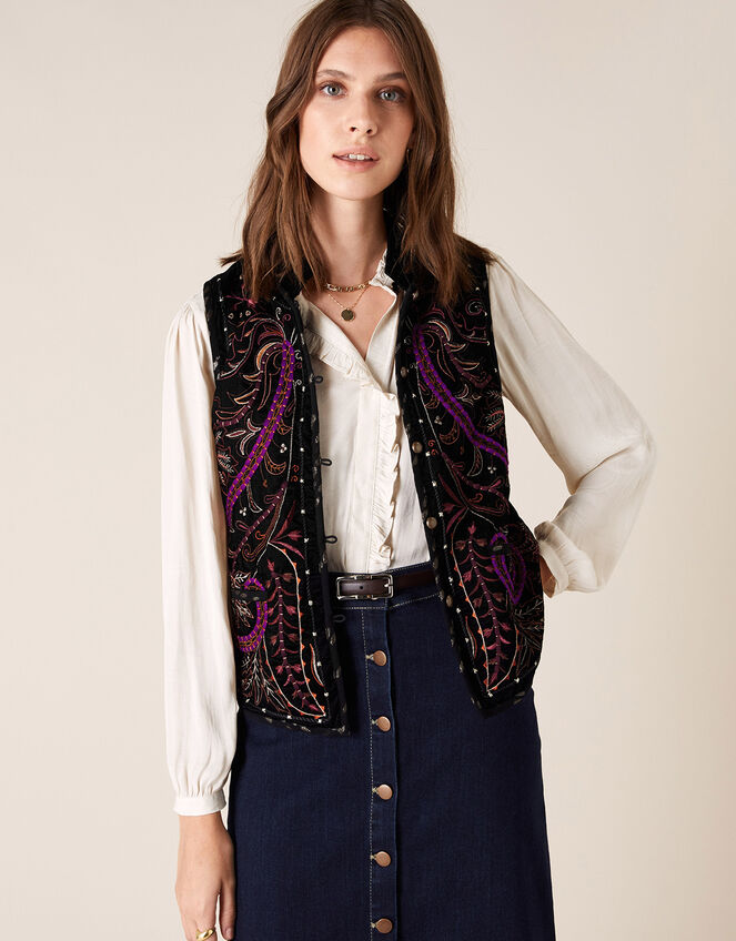 Embroidered Velvet Waistcoat, Black (BLACK), large