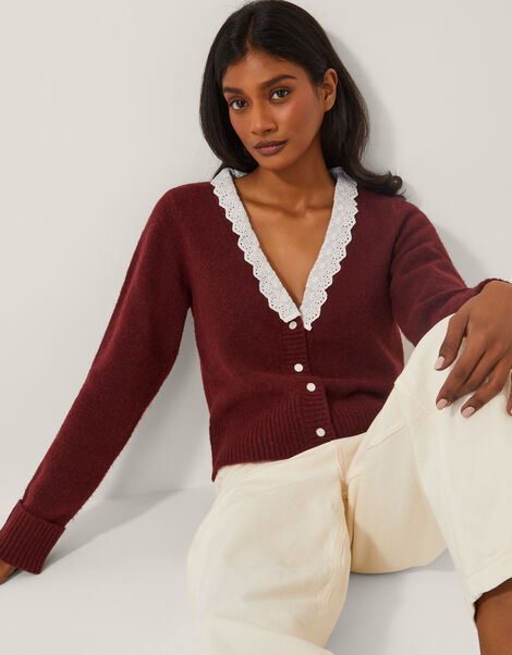 Layla Broderie V-Neck Cardigan, Red (CHERRY), large
