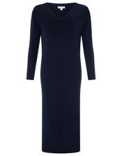 Lexi V Neck Longline Dress in Wool Blend, Blue (NAVY), large